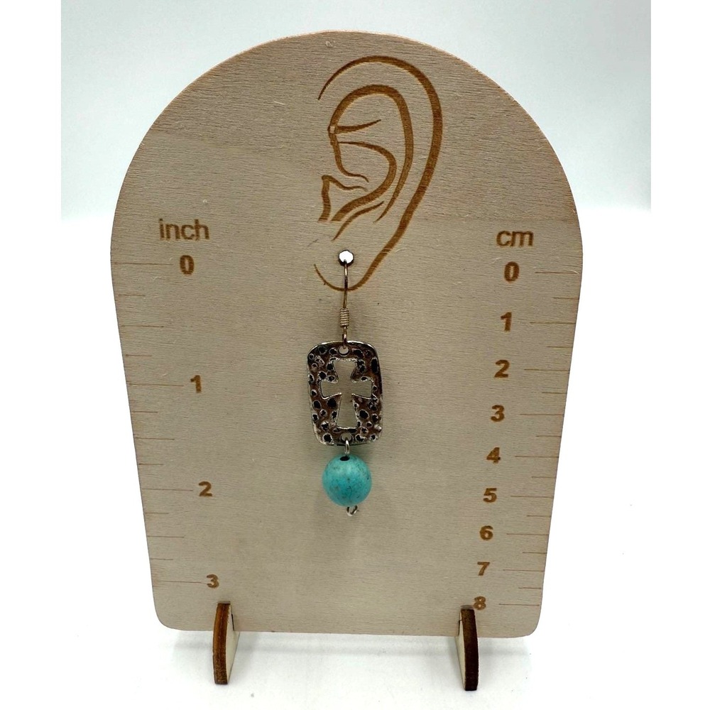 Southwestern Hammered Cross Drop Earrings Turquoise Bead Silver Tone Boho 2 Inch